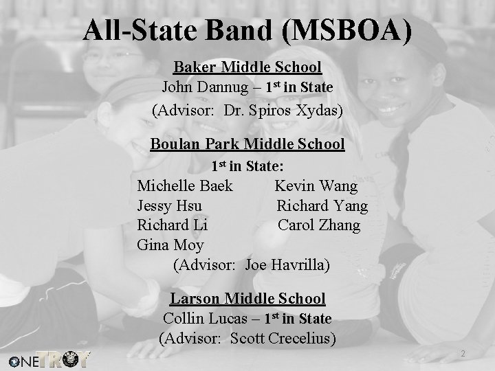 All-State Band (MSBOA) Baker Middle School John Dannug – 1 st in State (Advisor: