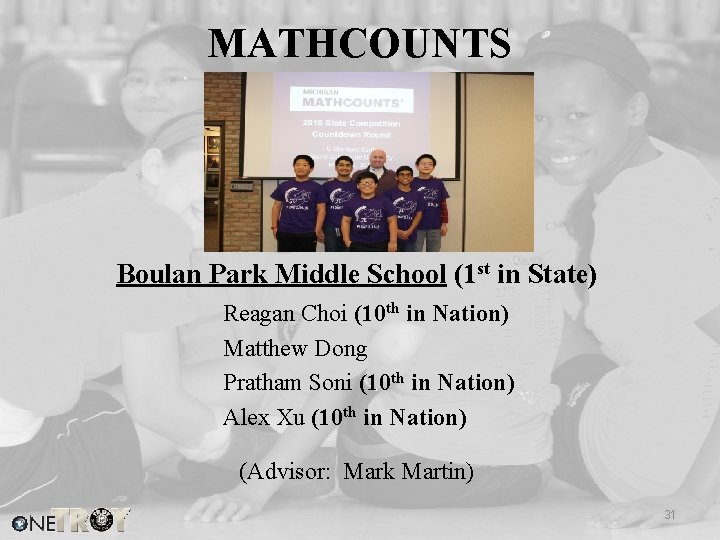 MATHCOUNTS Boulan Park Middle School (1 st in State) Reagan Choi (10 th in