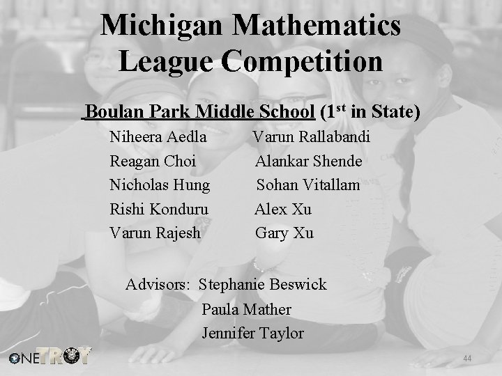 Michigan Mathematics League Competition Boulan Park Middle School (1 st in State) Niheera Aedla