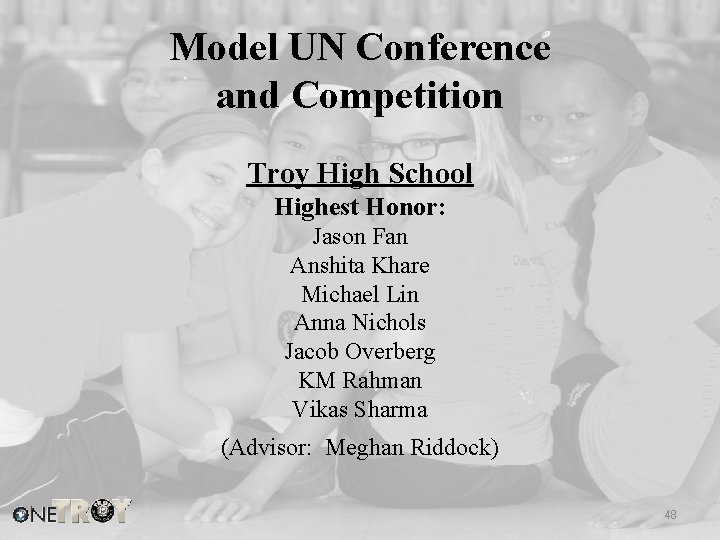 Model UN Conference and Competition Troy High School Highest Honor: Jason Fan Anshita Khare