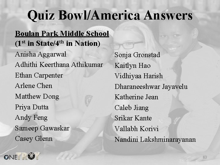 Quiz Bowl/America Answers Boulan Park Middle School (1 st in State/4 th in Nation)
