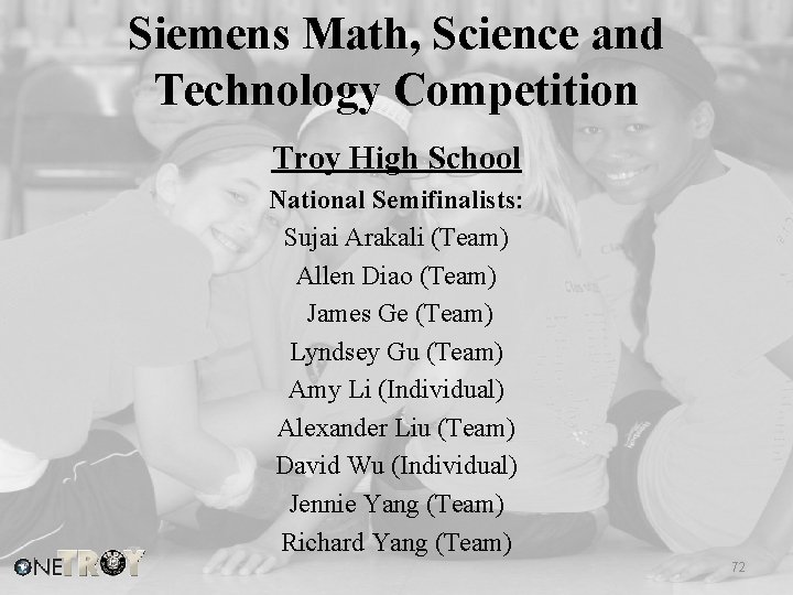 Siemens Math, Science and Technology Competition Troy High School National Semifinalists: Sujai Arakali (Team)