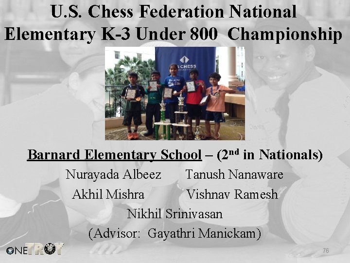 U. S. Chess Federation National Elementary K-3 Under 800 Championship Barnard Elementary School –
