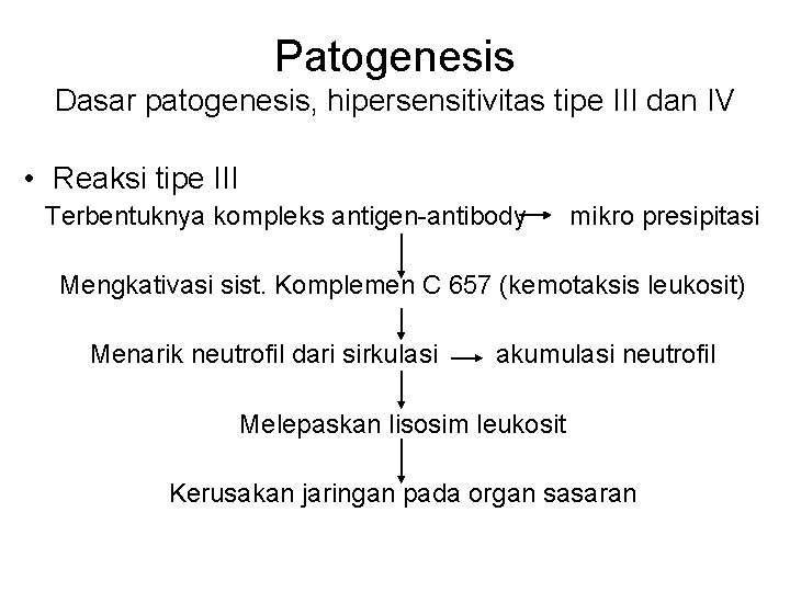 Patogenesis Dasar patogenesis, hipersensitivitas tipe III dan IV • Reaksi tipe III Terbentuknya kompleks