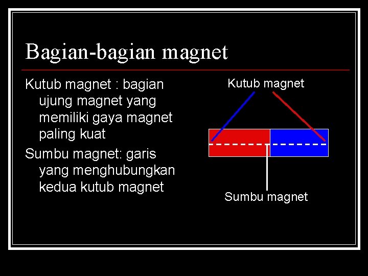 Bagian-bagian magnet Kutub magnet : bagian ujung magnet yang memiliki gaya magnet paling kuat