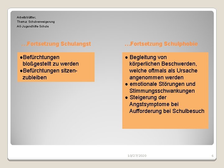 Arbeitsblätter, Thema: Schulverweigerung AG Jugendhilfe-Schule …Fortsetzung Schulangst ●Befürchtungen bloßgestellt zu werden ●Befürchtungen sitzenzubleiben …Fortsetzung