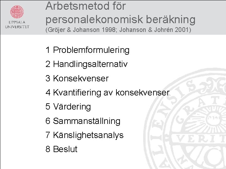 Arbetsmetod för personalekonomisk beräkning (Gröjer & Johanson 1998; Johanson & Johrén 2001) 1 Problemformulering