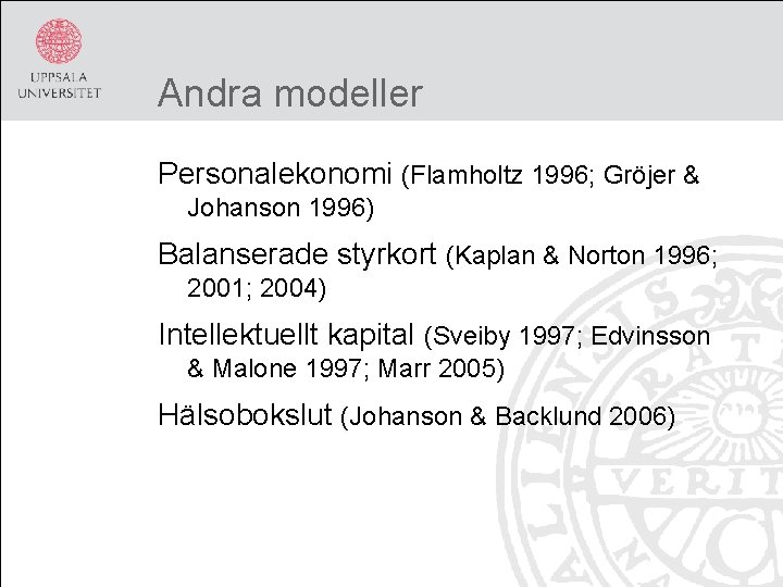 Andra modeller Personalekonomi (Flamholtz 1996; Gröjer & Johanson 1996) Balanserade styrkort (Kaplan & Norton