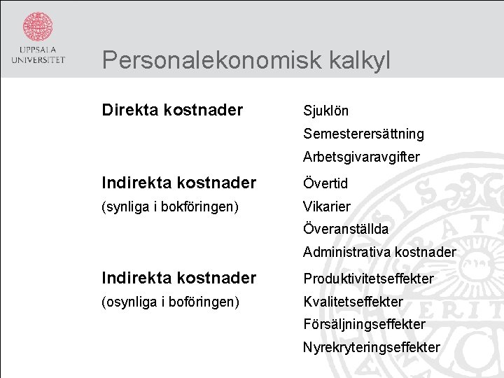 Personalekonomisk kalkyl Direkta kostnader Sjuklön Semesterersättning Arbetsgivaravgifter Indirekta kostnader Övertid (synliga i bokföringen) Vikarier