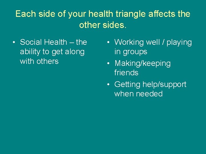 Each side of your health triangle affects the other sides. • Social Health –