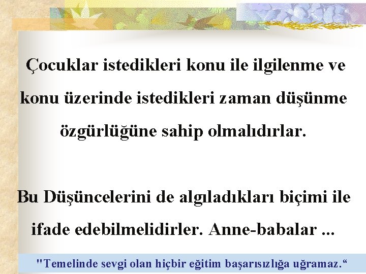 Çocuklar istedikleri konu ile ilgilenme ve konu üzerinde istedikleri zaman düşünme özgürlüğüne sahip olmalıdırlar.