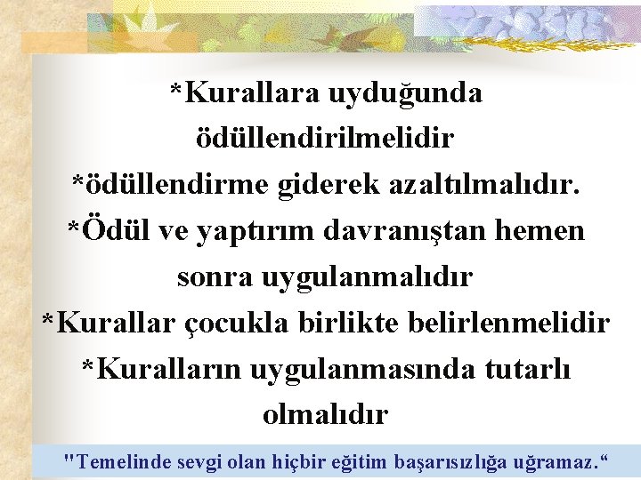 *Kurallara uyduğunda ödüllendirilmelidir *ödüllendirme giderek azaltılmalıdır. *Ödül ve yaptırım davranıştan hemen sonra uygulanmalıdır *Kurallar