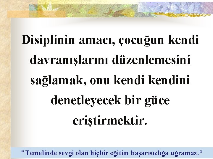 Disiplinin amacı, çocuğun kendi davranışlarını düzenlemesini sağlamak, onu kendini denetleyecek bir güce eriştirmektir. "Temelinde