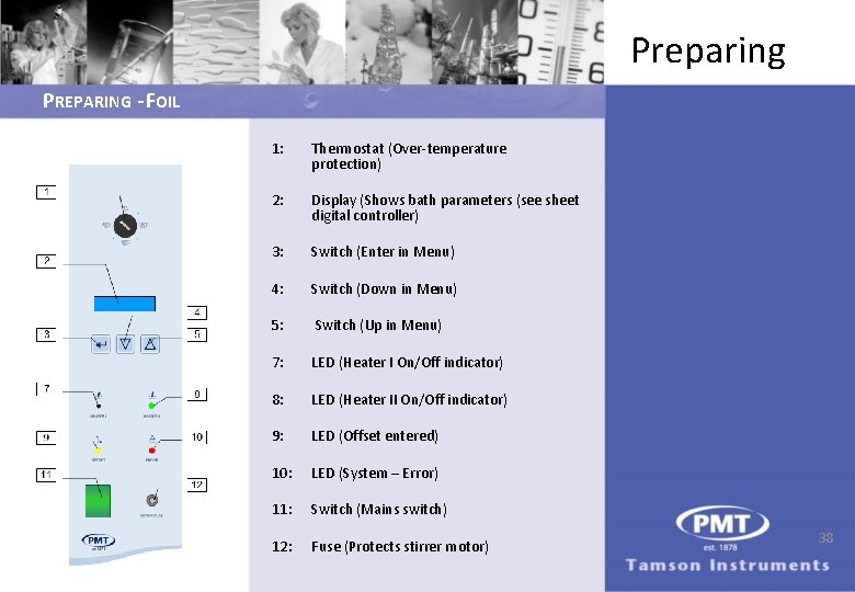 Preparing PREPARING - FOIL 1: Thermostat (Over-temperature protection) 2: Display (Shows bath parameters (see