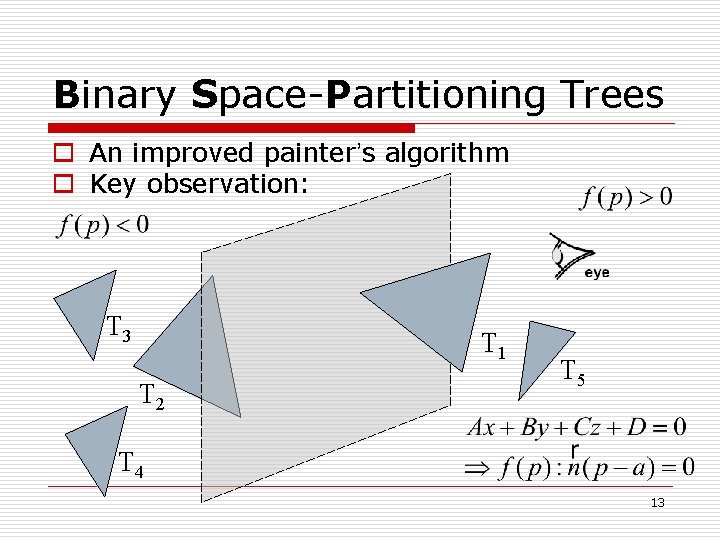 Binary Space-Partitioning Trees o An improved painter’s algorithm o Key observation: T 3 T