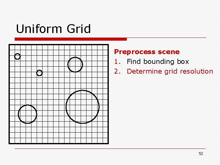 Uniform Grid Preprocess scene 1. Find bounding box 2. Determine grid resolution 52 
