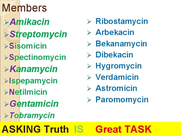 Members ØAmikacin Ø ØStreptomycin Ø Ø Sisomicin Ø Ø Spectinomycin Ø ØKanamycin Ø Ø