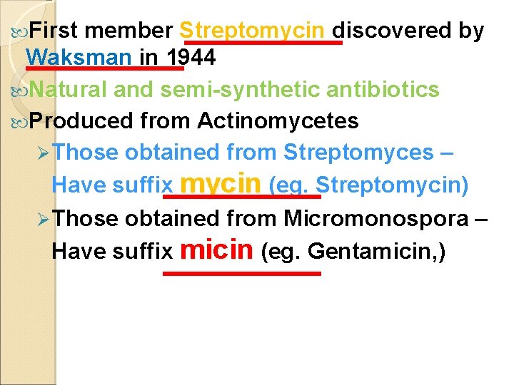  First member Streptomycin discovered by Waksman in 1944 Natural and semi-synthetic antibiotics Produced