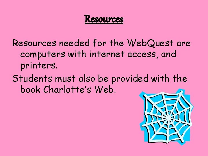 Resources needed for the Web. Quest are computers with internet access, and printers. Students