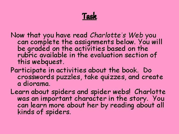 Task Now that you have read Charlotte’s Web you can complete the assignments below.