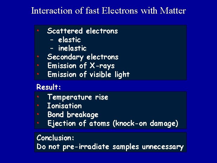 Interaction of fast Electrons with Matter • • Scattered electrons – elastic – inelastic