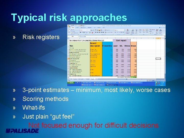 Typical risk approaches » Risk registers » » 3 -point estimates – minimum, most