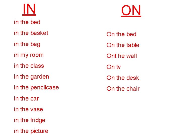 IN ON in the bed in the basket On the bed in the bag