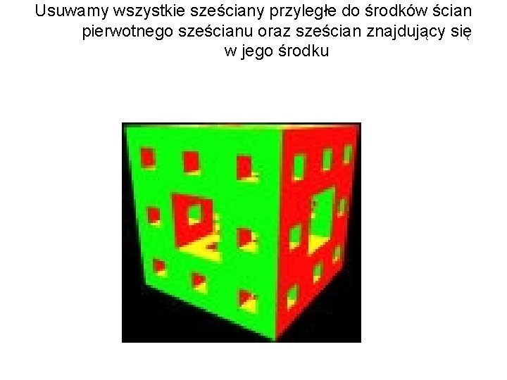 Usuwamy wszystkie sześciany przyległe do środków ścian pierwotnego sześcianu oraz sześcian znajdujący się w