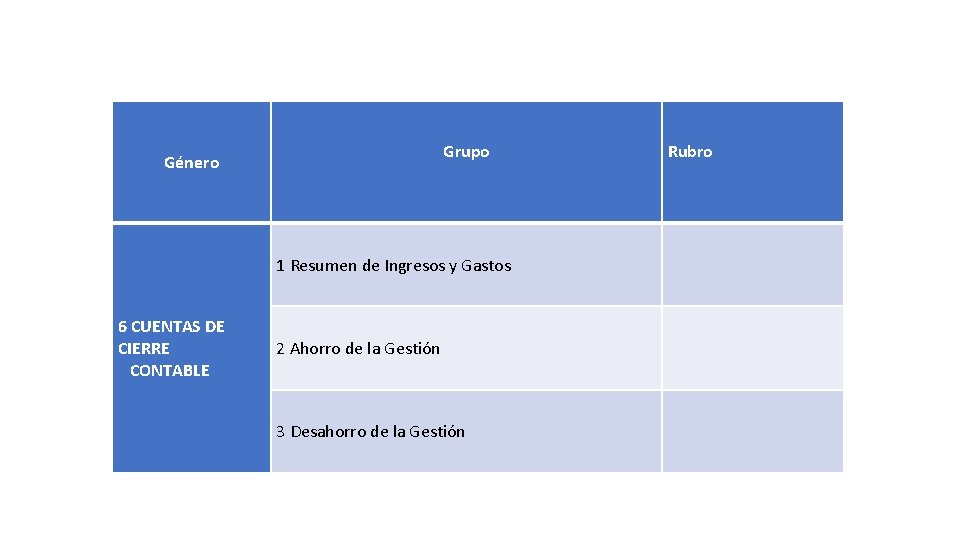 Grupo Género Rubro 1 Resumen de Ingresos y Gastos 6 CUENTAS DE CIERRE CONTABLE