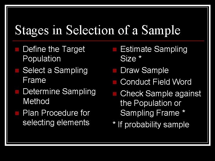 Stages in Selection of a Sample n n Define the Target Population Select a