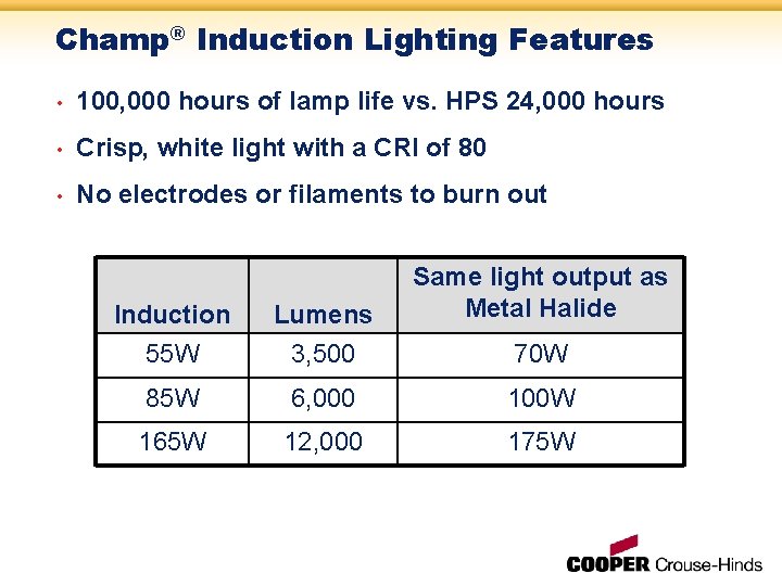 Champ® Induction Lighting Features • 100, 000 hours of lamp life vs. HPS 24,