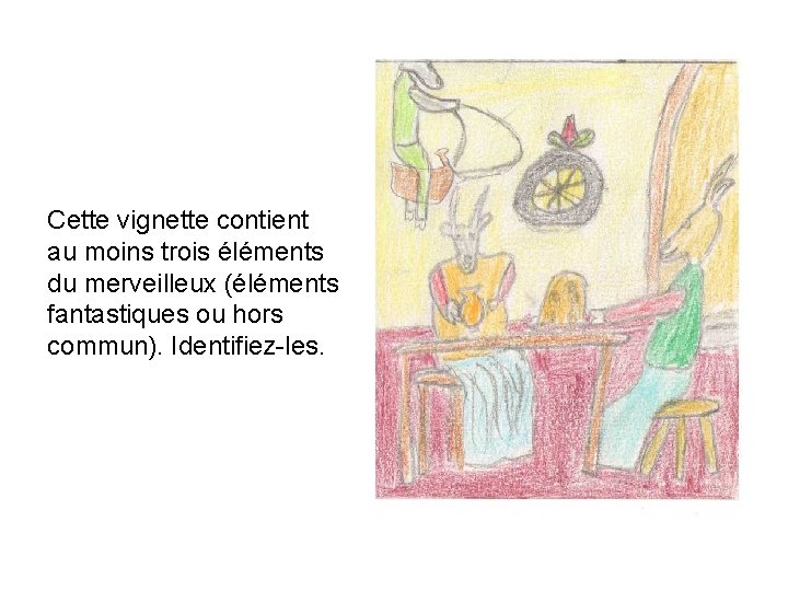 Cette vignette contient au moins trois éléments du merveilleux (éléments fantastiques ou hors commun).