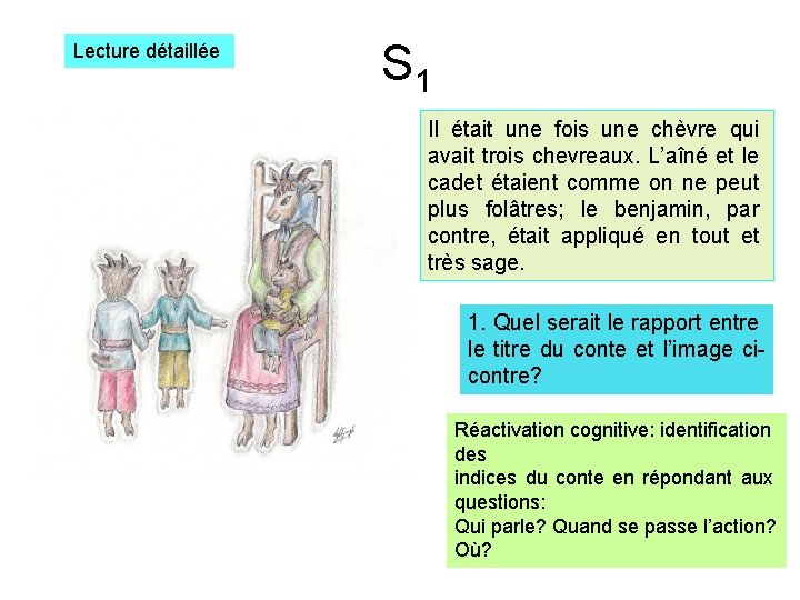 Lecture détaillée S 1 Il était une fois une chèvre qui avait trois chevreaux.