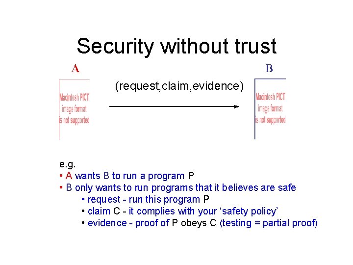 Security without trust A B (request, claim, evidence) e. g. • A wants B