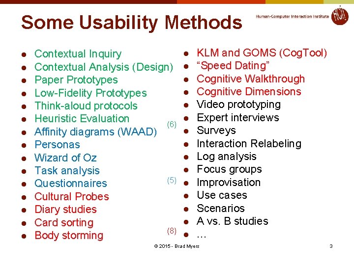 Some Usability Methods l l l l Contextual Inquiry Contextual Analysis (Design) Paper Prototypes