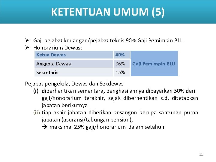 KETENTUAN UMUM (5) Ø Gaji pejabat keuangan/pejabat teknis 90% Gaji Pemimpin BLU Ø Honorarium