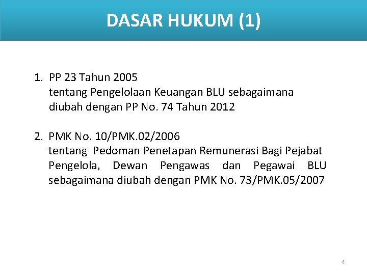 DASAR HUKUM (1) 1. PP 23 Tahun 2005 tentang Pengelolaan Keuangan BLU sebagaimana diubah