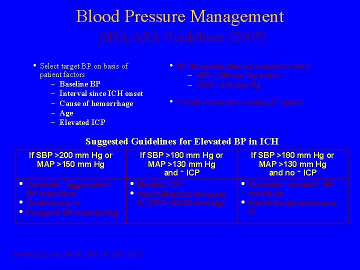 Blood Pressure Management AHA/ASA Guidelines (2007) • Select target BP on basis of patient