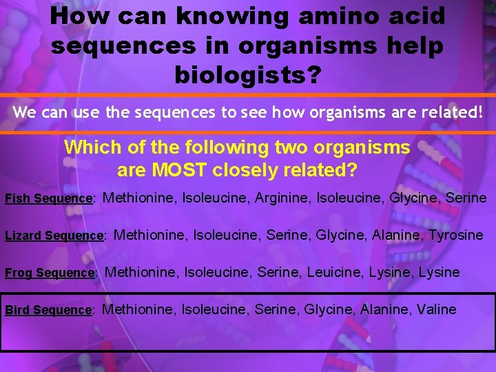 How can knowing amino acid sequences in organisms help biologists? We can use the