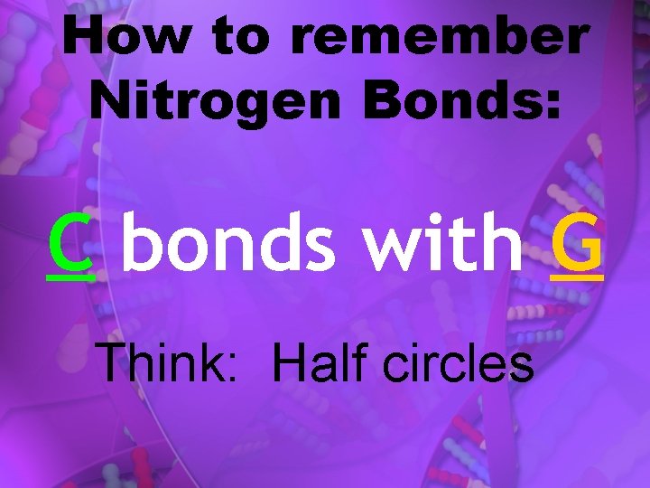 How to remember Nitrogen Bonds: C bonds with G Think: Half circles 