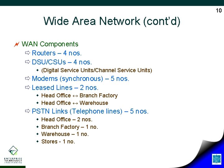 10 Wide Area Network (cont’d) ~ WAN Components ð Routers – 4 nos. ð