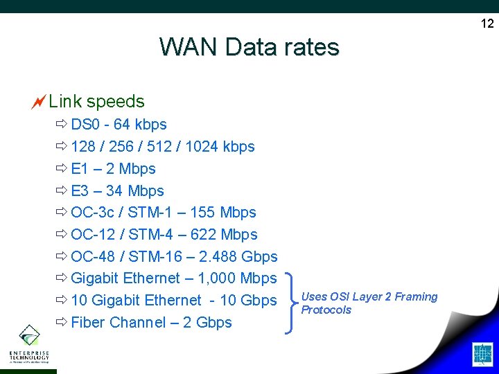 12 WAN Data rates ~Link speeds ð DS 0 - 64 kbps ð 128
