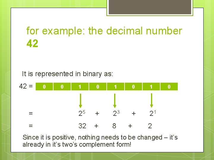 for example: the decimal number 42 It is represented in binary as: 42 =
