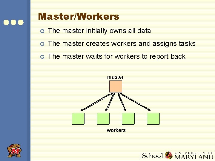 Master/Workers ¢ The master initially owns all data ¢ The master creates workers and Master/Workers ¢ The master initially owns all data ¢ The master creates workers and