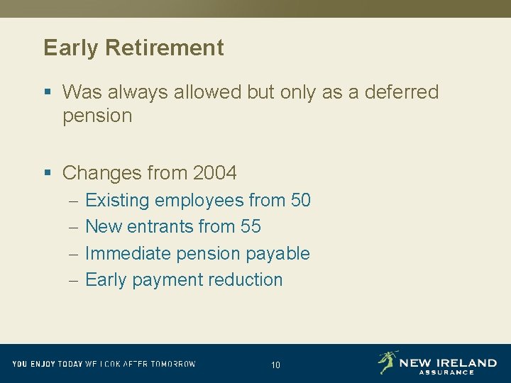 Early Retirement § Was always allowed but only as a deferred pension § Changes