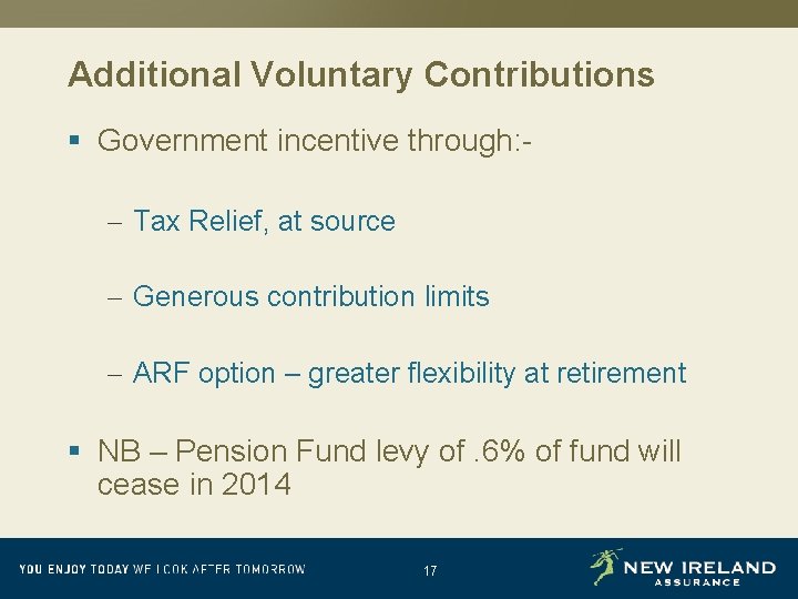 Additional Voluntary Contributions § Government incentive through: – Tax Relief, at source – Generous