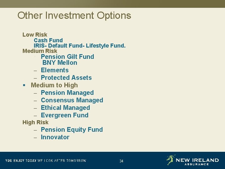 Other Investment Options Low Risk Cash Fund IRIS- Default Fund- Lifestyle Fund. Medium Risk