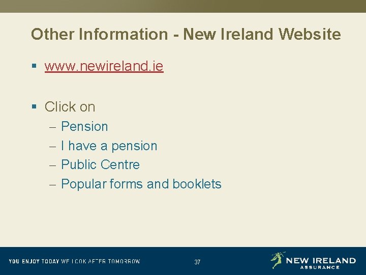 Other Information - New Ireland Website § www. newireland. ie § Click on –