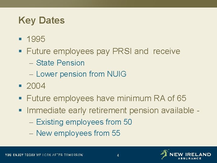 Key Dates § 1995 § Future employees pay PRSI and receive – State Pension