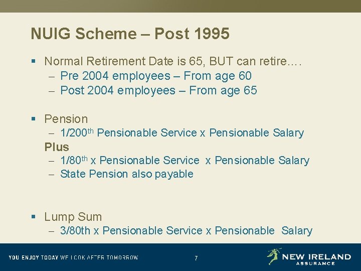 NUIG Scheme – Post 1995 § Normal Retirement Date is 65, BUT can retire….